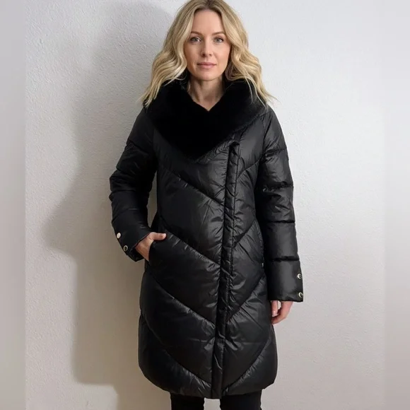 NWT‎ H by HALSTON Black Quilted Puffer Coat Asymmetric Oversized Faux Fur Collar - Picture 9 of 17